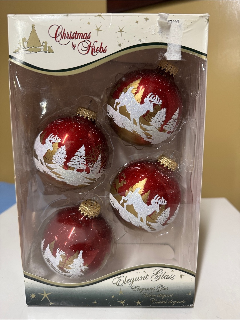 CHRISTMAS BY KREBS GLASS ORNAMENTS RED W/WHITE & GOLD DEER & TREES & GLITTER 4